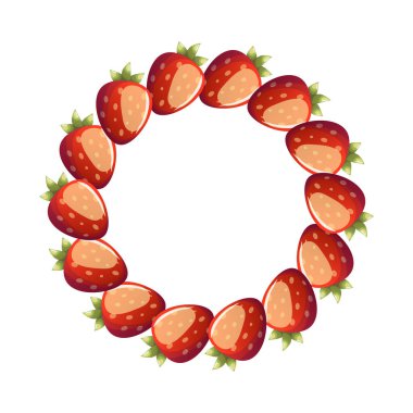 Çilekli çelenk daire vektör çizimi. Beyaz arka planda dairesel çelenk şeklinde düzenlenmiş çileklerin parlak vektör çizimi, gıda tasarımı, ambalaj veya yaz teması için ideal.