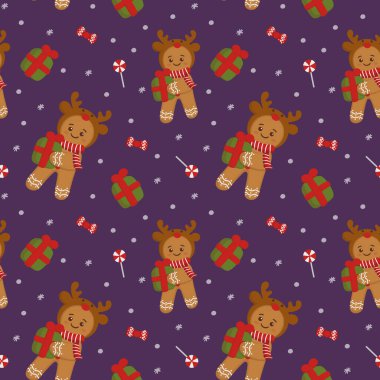 Tatlı ren geyiği kurabiyeleri, Noel hediyeleri ve koyu mor arka planda şekerler içeren kusursuz bir şenlik deseni. Tatil ambalajı ve dekorasyonu için mükemmel..