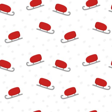 Kırmızı kış kızakları ve beyaz arka planda açık gri kar taneleri barındıran, Noel ve tatil tasarımları için mükemmel, pürüzsüz bir desen..