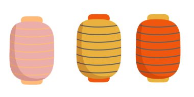 Sıcak pastel gölgelerde geleneksel Japon kağıt fenerlerinin minimum düz çizimi. Asya festivali ya da seyahat temalı tasarımlar için harika.