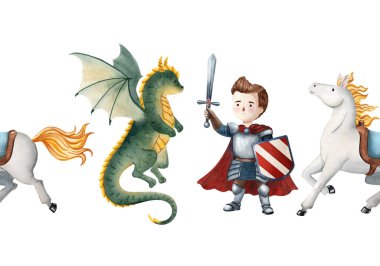 Şövalye, ejderha ve eyerli atla kusursuz suluboya sınırı. Çocuk kitapları, peri masalları, posterler, kartlar, davetiyeler, kupürler, kumaşlar, duvar kağıtları ve dekorlar için mükemmel..
