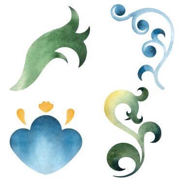 Ortaçağ süs eşyalarından oluşan suluboya bir set dekoratif süsler, kaydırma motifleri ve çiçek süslemeleri. Sınırlar, çerçeveler, kraliyet armaları, davetiyeler veya fantezi tasarımları yaratmak için mükemmel.