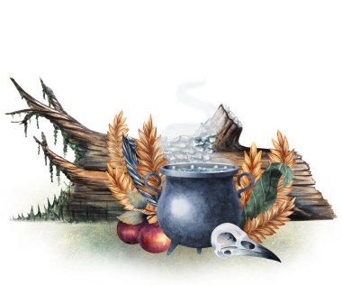 İksirli buharlı cadı kazanı, karga kafatası, elma dalı ve buğday, suluboya. Mistik sanat, cadılık teması, Cadılar Bayramı dekoru, kartlar, putperest ritüeller, fantezi çizimleri, baskılar için harika..