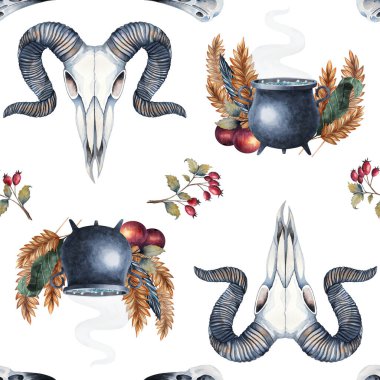 Cadı kazanı, karga kafatası, Ram kafatası, elma dalı, buğday, suluboya. Mistik, cadılık sanatı, Cadılar Bayramı dekoru, kartlar, putperest ritüeller, fantezi çizimleri, baskılar için harika..