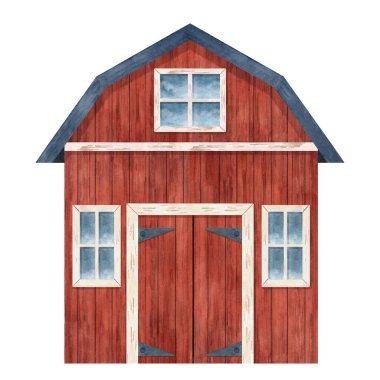Kırmızı bir çiftlik ambarının suluboya çizimi, tarım tasarımları, çocuk malzemeleri, kırsal dekor, ambalaj, eğitim projeleri ve kırsal temalı baskılar için ideal