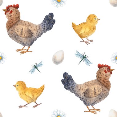 Tavuk, civciv, yumurta, yusufçuk ve papatya desenli kusursuz suluboya deseni, çiftlik temalı tasarımlar, tekstil ürünleri, çocuk malzemeleri, ambalaj, köy dekorasyonu için idealdir. Yumuşak doğal dokularla boyanmış.