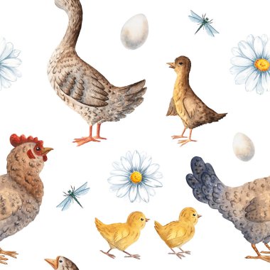 Kaz, ördek, yumurta, papatya, yusufçuk, çiftlik tasarımları, tekstil, çocuk malzemesi, ambalaj, köy dekorasyonu için mükemmel suluboya desenleri. Yumuşak doğal dokularla boyanmış..