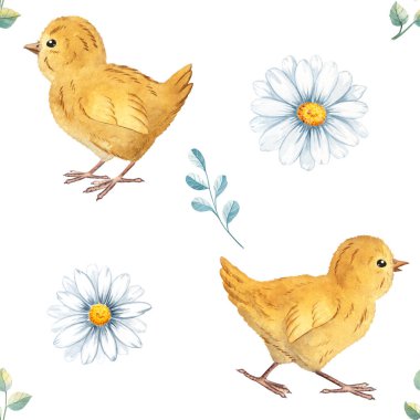 Yavruların, papatyaların ve yeşil yaprakların olduğu kusursuz suluboya desenleri, bahar tasarımları, çocuk malzemeleri, tekstil, ambalaj, şirin çiftlik temalı dekorlar için ideal. Yumuşak doğal dokularla boyanmış..