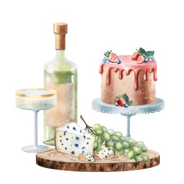 Şarap şişesi, peynir, üzüm ve pastayla suluboya kompozisyonu. Doğum günü davetiyeleri, kutlama kartları, yemek tasarımı, fırın markaları ve tatil dekorasyonları için mükemmel..