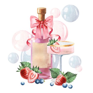 Kurdele, şampanya bardakları ve yüzen baloncuklarla süslenmiş şarap şişesiyle suluboya bir kompozisyon. Doğum günü kartları, parti davetiyeleri, kutlama markaları ve lüks tasarım projeleri için..