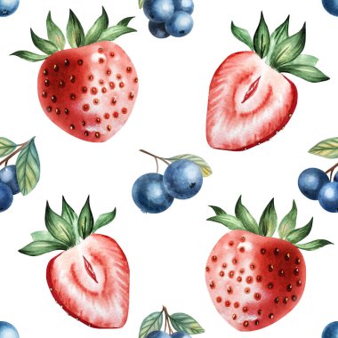 Çilek ve yaban mersinli kusursuz suluboya deseni. Yaz tekstil, ambalaj, duvar kağıdı, gıda markası ve neşeli dekoratif tasarım için taze meyve arkaplanı.