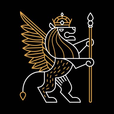 Aslan ve Taç, Crosier Vector Line Art Illustration 'ı tutuyor. Aslan Kral. Renkleri Değiştirmek Kolay.