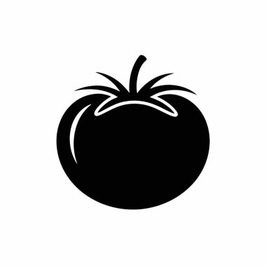 Saf siyah bir domates silueti, sapı ve sepalleri temiz beyaz bir arka planda sunuluyor..