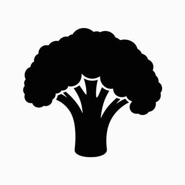 Katı siyah bir brokoli kafası silueti ve sapları beyaz bir arka planda gösterilir. Yazdırma ve dijital ortam için uygun ölçeklenebilir vektör biçimi.