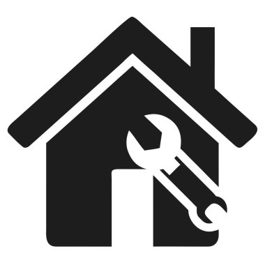 Koyu gri bir ev siluetinin kapı aralığında köşegen olarak yerleştirilmiş bir ingiliz anahtarı vardır..