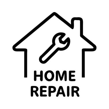 Siyah arkaplanda ev anahtarı ve metin ev onarımı içeren vektör ekipmanları: ev, ev, onarım, İngiliz anahtarı, araç, inşaat, bina, bakım,...