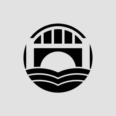 Dalgalı suyun üzerindeki kemerli bir köprünün siyah silueti gri bir arkaplanda beyaz bir çemberin içine sarılı..