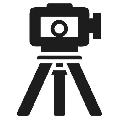 Ön taraftaki tripoda monte edilmiş siyah bir kamera silueti. Yazdırma ve dijital ortam için uygun ölçeklenebilir vektör biçimi.