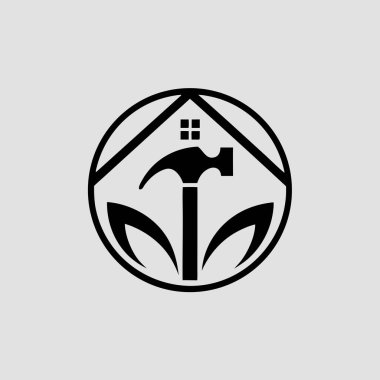 Çatı çekiçli dairesel logoya sahip vektör rozeti ve gri arkaplandaki yapraklar: logo, dairesel, ev, çatı, çekiç, araç, inşaat, bina, ev,...