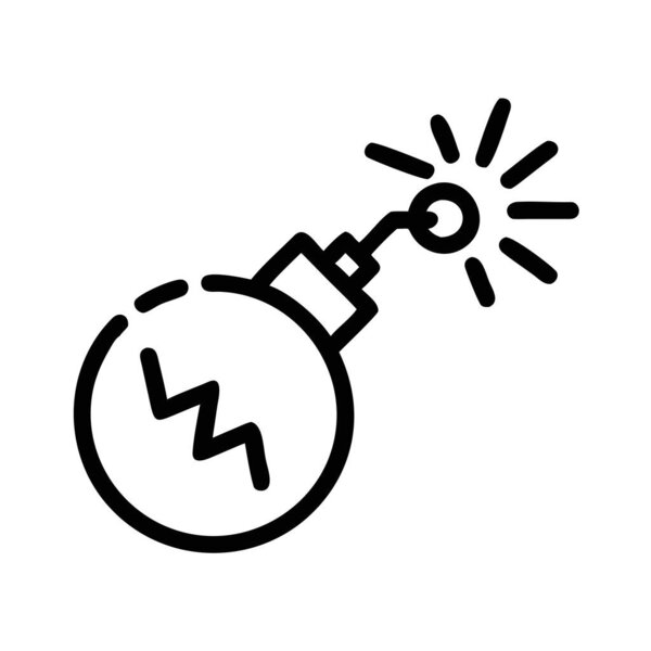Контурный рисунок бомбы с зажженным предохранителем и графикой взрыва на черном фоне. Масштабируемый векторный формат для печати и цифровых носителей.