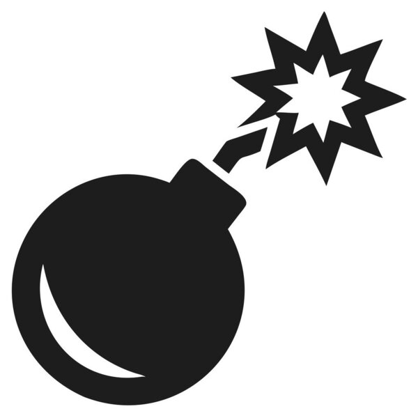 Чёрный силуэт мультяшной бомбы с зажжённым предохранителем и графикой взрыва. Масштабируемый векторный формат для печати и цифровых носителей.