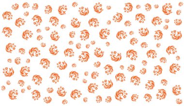 Yanmış turuncu tilki ikonları, kıvrılmış kuyrukları ve pati izleri, gevrek bir kıtır boyunca rastgele dağılmış.