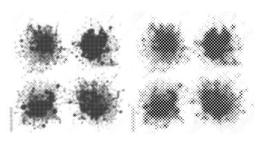 Dört soyut siyah ve beyaz yarım ton deseni değişen nokta yoğunlukları ve düzensiz şekillerle sunulur, düz bir arkaplan üzerinde dokulu ve dinamik bir görsel etki yaratır.