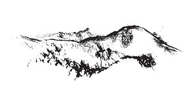 Sivri dağ sırası ve desenli zirvelerin yer aldığı tek renkli manzara, katıksız, soyut ama doğal bir kompozisyon oluşturur.