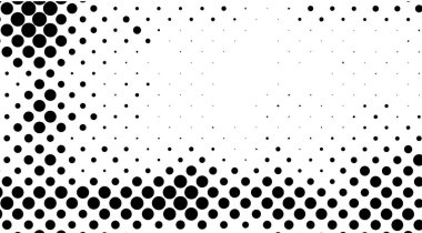 Yoğun yoğunluklardan kıtır beyaz arkaplan boyunca seyrek düzenlere geçiş yapan dairesel noktaların dinamik eğimlerini içeren siyah ve beyaz yarım ton deseni