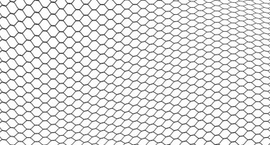 Soyut siyah ve beyaz altıgen örgü, modern tasarım, teknoloji veya endüstriyel kavramlar için dokulu bir arka plan yaratarak, kusursuz bir geometrik tekrarlama deseni oluşturur.