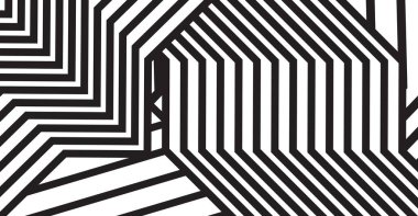 Dinamik kesişen çizgiler ve keskin açılarla soyut siyah ve beyaz geometrik desen, optik bir illüzyon ve modern bir labirent tasarımı yaratıyor, çağdaş arka planlar ve grafik tasarımı için mükemmel.