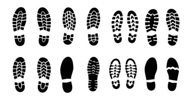 Ayırt edici taban desenleri ve temiz beyaz arka planda gösterilen çeşitli siyah ayakkabı ve bot izleri adli analiz, takip ve açık hava aktiviteleri için idealdir.