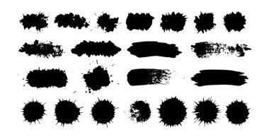 Çeşitli siyah boya sıçramaları, mürekkep lekeleri ve grunge fırça darbelerinden oluşan, çeşitli organik ve soyut şekiller içeren çok yönlü bir koleksiyon, grafik tasarımlar, arka planlar ve yaratıcı projelere eklemek için idealdir.