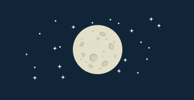 Soluk gri kraterleri ve sayısız parıldayan beyaz yıldızlı büyüleyici bir karikatür çocuk kitapları, göksel temalar ya da barışçıl arka plan tasarımları için ideal, dingin, mavi bir gökyüzünü aydınlatır.