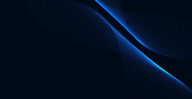 Aydınlık akış eğrilerine ve dinamik parçacık izlerine sahip soyut derin mavi dalgalar modern tasarım ve kurumsal kullanım için fütüristik bir teknoloji arka planı oluşturur.