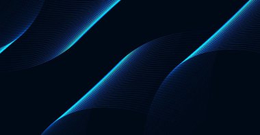 Dinamik soyut mavi parçacık dalgası düz eğriler ve koyu arkaplanda parlak noktalar, modern dijital arkaplan ve teknoloji için ruhani bir şablon oluşturur.