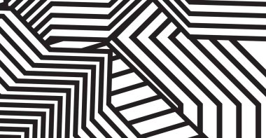 Modern arka planlar, markalaşma veya çağdaş tasarım projeleri için mükemmel, dinamik bir optik illüzyon yaratan karmaşık açısal çizgiler içeren büyüleyici siyah beyaz bir geometrik desen.