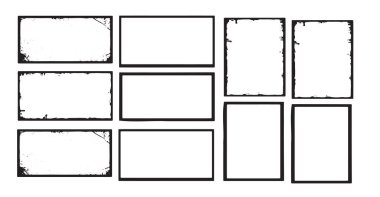 Sıkıntılı, pürüzlü kenarları ve çizik dokuları barındıran siyah ve beyaz dikdörtgen ve kare grunge çerçevelerden oluşan çok yönlü bir koleksiyon, fotoğraf ve grafik tasarımlara eski veya yıpranmış bir efekt ekti eklemek için ideal