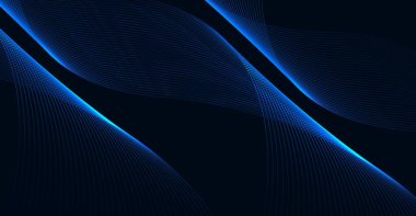 Dinamik soyut mavi dalgalı çizgiler koyu bir arkaplan boyunca akar, teknoloji, iş veya web sitesi tasarımı için mükemmel geleceksel bir dijital şablon oluşturur