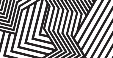 Sivri açılı çizgileri ve kesişen geometrik şekilleri olan modern siyah ve beyaz desen, çağdaş grafik tasarım arka planlar ve dijital sanat için dinamik bir optik illüzyon yaratır.
