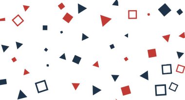 Temiz beyaz arkaplan üzerinde dağınık kırmızı ve mavi üçgenler ve kareler soyut bir düzenleme, grafik tasarım uygulamaları ve yaratıcı projeler için modern ve minimalist bir görsel sunar.