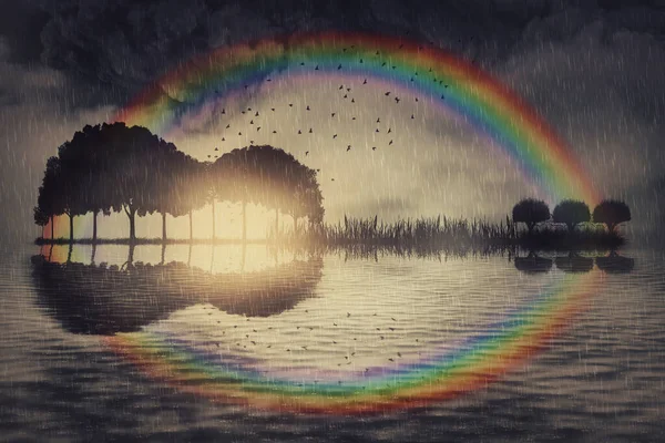 虹のコンセプトの上にギター音楽の島 楽器の形をした島の木々が水の中で 嵐の空の背景の下で成長しているシュールな海の景色 — ストック写真