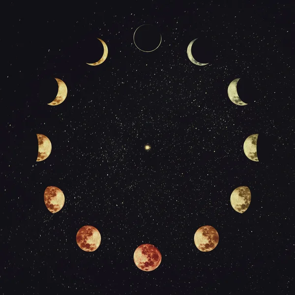 月相覆盖星空背景 天文学和占星学的概念场景 异质魔法天象 农历年历 12个月的符号 或极小钟形轨道 — 图库照片