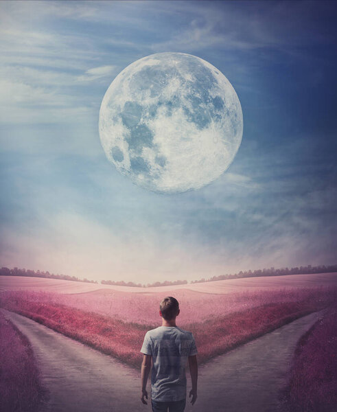 Surreal purple world with a person following the full moon, arrives in front of a crossroad, has to choose the correct way, left or right. Decisive choice concept, split pathway with two direction