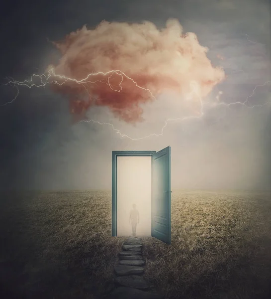 Surreal Scene Teleportation Concept Time Space Traveling Open Door Mystic — Stock Photo, Image