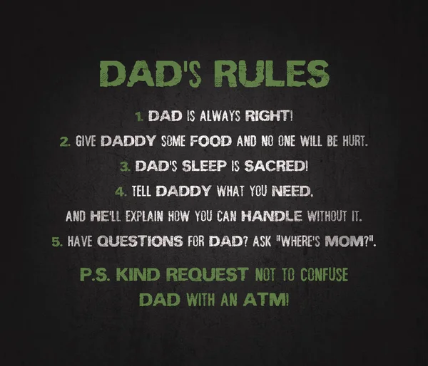 DAD's rules funny text art illustration for printing as a gift on father's day. Trendy and creative design, hipster banner composition. Humorous family relationship, love dad typography.