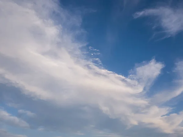 Tranquil Cloudscape Tiny Moon Blue Sky Fluffy White Clouds Aerial — 图库照片