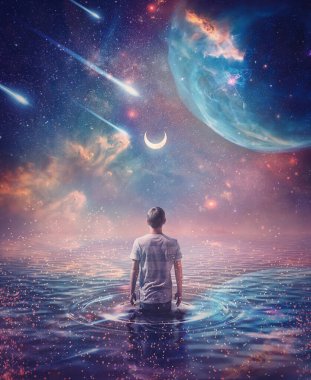 Wandering in the ocean of space. Wonderful cosmic background, surreal scene, starry night sky on another planet and a person walks in the water watching the crescent moon, meteor shower and nebulas clipart