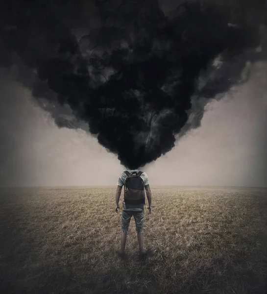Surreal Scene Lone Man Field Dense Black Smoke Instead His — Stock Photo, Image