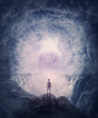 Person stands on the edge of a cliff above a waterfall looking at a huge whirlwind in the clouds that creates a portal to another planet. Surreal and fantasy scene, magical world adventure concept clipart